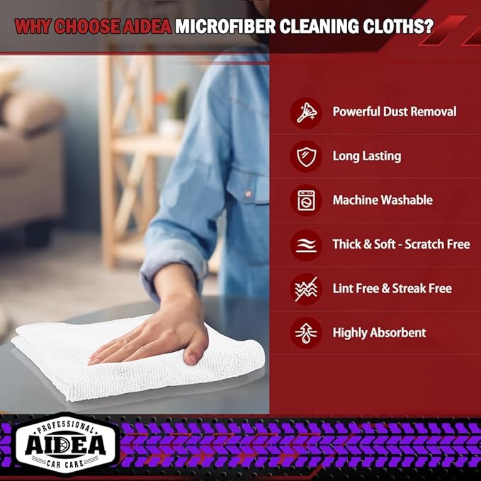 AIDEA Microfiber Cleaning Cloth White 5PK, Microfiber Towels for Cars, Premium Car Cloths, Dusting Cloth Lint Free Cleaning Rags for SUVs, House, Kitchen, Window, Workshops,12×12"