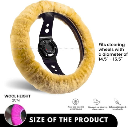 Andalus Brands Luxury Fluffy Car Steering Wheel Covers – Genuine Merino Sheepskin, Soft Fuzzy Car Steering Wheel Cover for Women, Universal 14.5-15" Size, Plush Fur Cute Auto Accessories, Beige