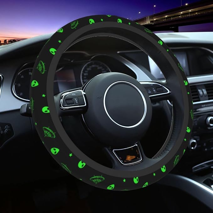 Galaxy Alien Spaceship Steering Wheel Covers Non Slip Neoprene Universal 15 Inch Steering Wheel Protector Car Cover for Men Women