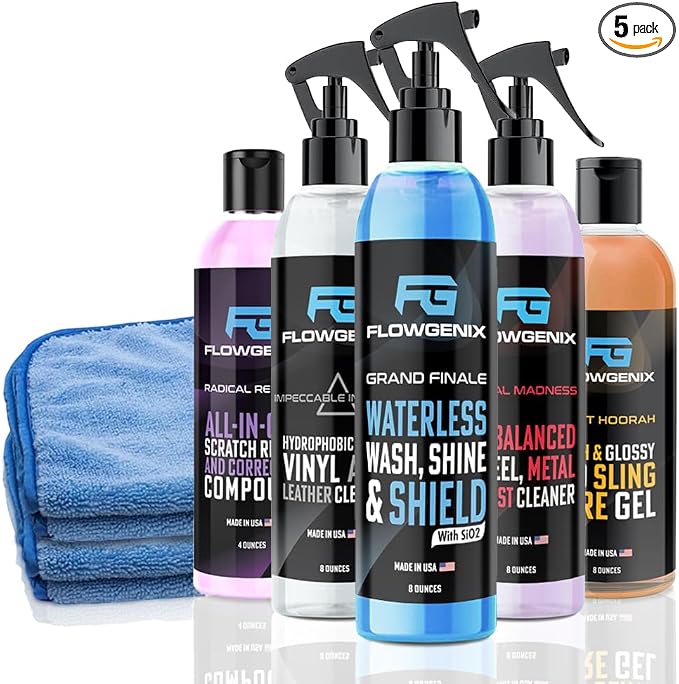 Grand Slam 5-Pack - Waterless Car Wash Detailing Spray, Tire Shine Gel, Scratch Remover, Wheel Metal Rust Cleaner, Interior Cleaner & Protector, 2 Microfiber Towels