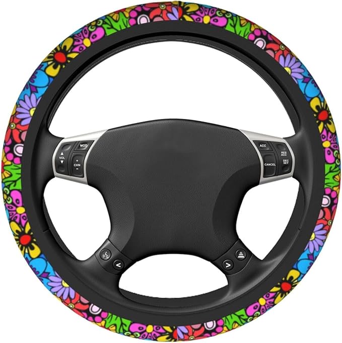 Hippie Flower Steering Wheel Cover Car Accessories Cute for Women Girls Girly Universal 15 Inch Neoprene Auto Interior Decor Anti Slip Car Truck Protector