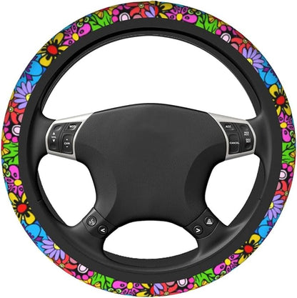 Hippie Flower Steering Wheel Cover Car Accessories Cute for Women Girls Girly Universal 15 Inch Neoprene Auto Interior Decor Anti Slip Car Truck Protector