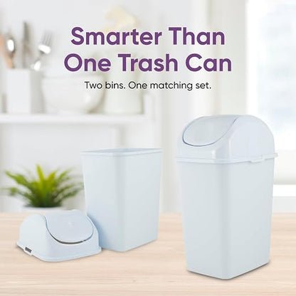 Superio Mini 1.25 Gallon and Small 2.5 Gallon Plastic Trash Cans with Swing Top Lid, Grey Waste Bin for Countertop, Desk, Vanity, Bathroom, 2 Pack (White)