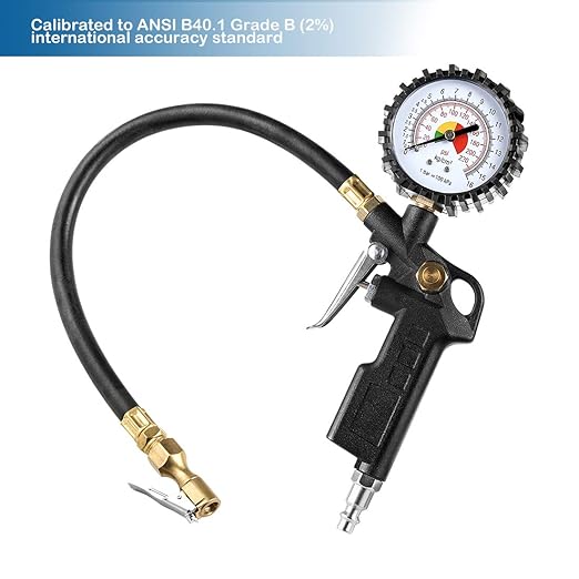CZC AUTO Tire Inflator Deflator Air Pressure Gauge with Rubber Hose, 2-1/2" Dial Wheel Inflator Gage with Straight Brass Lock-on Chuck Compatible with Air Pump Compressor for RV Car Motorcycle Bike