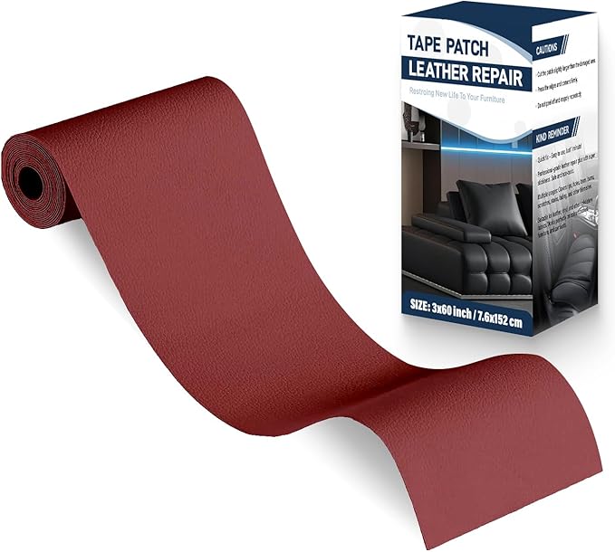 Zenyao Leather Repair Patch Tape - Self Adhesive Leather Repair Kit for Car Seat Furniture, Heavy Duty Vinyl Repair Patch for Couch Sofa, Waterproof for Rips Scratches Tears, 3x60 Inch Roll, Red