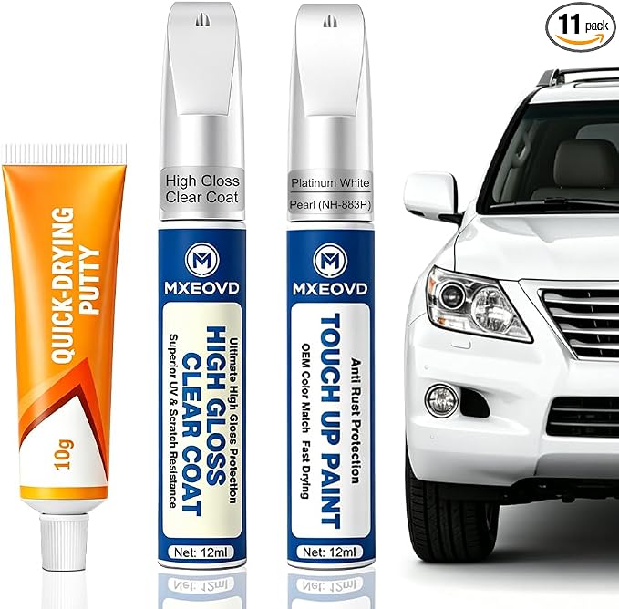 Platinum White Pearl NH-883P Touch Up Paint Compatible with Honda, All in One Car Scratch Repair Kit with Primer Putty & Clear Coat, Complete Sanding Tools Set for Scratches Chips Nicks