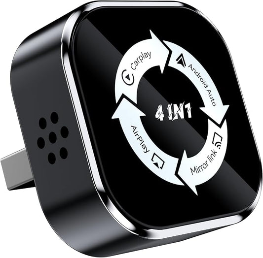 4-in-1 Wireless Adapter，Converts Wired CarPlay & Android Auto to Wireless, with Full iOS & Android Screen Mirroring, Universal Plug and Play USB Dongle for All Smartphones