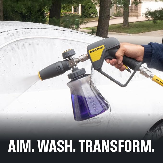 Active Foam Cannon with ¼ inch quick connector for Electric and Gas Pressure Washers. Wide-mouth bottle and variable spray to generate thick snow foam spraying for home DIY car wash & detailing (JH70)