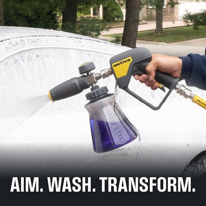 Active Foam Cannon with ¼ inch quick connector for Electric and Gas Pressure Washers. Wide-mouth bottle and variable spray to generate thick snow foam spraying for home DIY car wash & detailing (JH70)