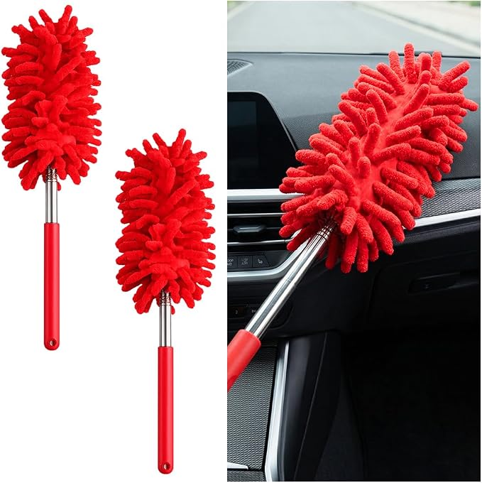 2PCS Car Interior Duster with Extension Pole, 9.45" to 28.35" Microfiber Soft Vehicle Dash Dusting Detailing Wash Brushes, Automotive Dash Cleaning Tool, Universal for SUV RV Truck (Red)