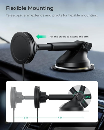 iOttie Velox Qi2 Mini 15W Wireless Charger Car Mount - Dash & Windshield Car Phone Holder - MagSafe Compatible iPhone Mount for Qi2 Smartphones (iPhone12 13 14 15 16 and 17) - Car Charger Included