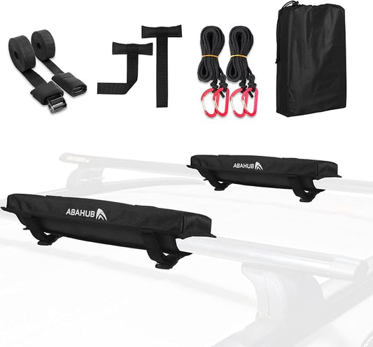 Abahub Soft Roof Rack Pads with 2 Tie Down Straps, 2 Tie Down Ropes, 2 Hood Loops and Storage Bag, for Surfboard, Kayak, Canoe, Heavy Duty Universal Car Roof Racks System Black 17 Inch