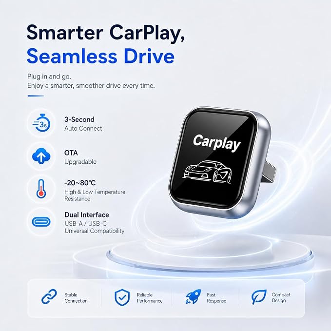 2-in-1 Wireless CarPlay Adapter for iPhone iOS & Android 11+, Plug and Play, Fast Auto-Connect, Realtek 8730E Chip Stable & No Latency, Wired to Wireless Adapter with USB-A/Type-C Port (CT106)