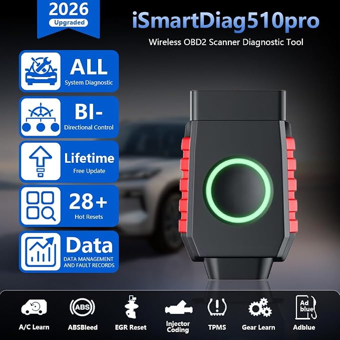 Bluetooth OBD2 Scanner Bidirectional Tools, VIDENT iSmartDiag510Pro Scan Tool with Lifetime Updates, 28 Resets, CAN FD/DoIP, All System Diagnostics for iOS & Android