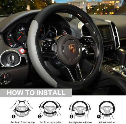 Steering Wheel Cover, Microfiber Leather Splicing with Classic Embossing,Contrasting Colors Anti-Slip Breathable Auto Car Steering Wheel Cover Fit 15 Inch Car Wheel Protector (Black&Gray)