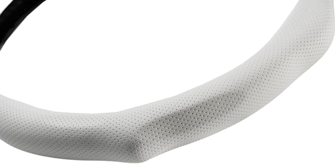 Quick Install Sporty White Perforated Nappa Leather Steering Wheel Cover with Black Top Stripe for Tesla Model Y White Trim