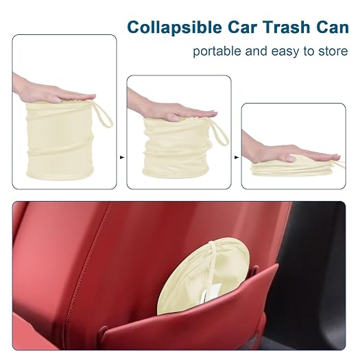 Car Trash Can, 2 Packs Mini Car Garbage Can, Collapsible Trash Bin | Pop-Up Trash Can for Car Front Back Seat, Portable Car Trash Bag Hanging for Vehicle SUV Rv Truck Accessories Interior, Beige