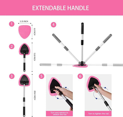 Qydipclin 7pcs Windshield Cleaner Tool Car Window Cleaning Wash Kit with 4 Reusable Microfiber Pads 1 Spray Bottle and Extendable Handle Auto Glass Wiper Kit, Pink