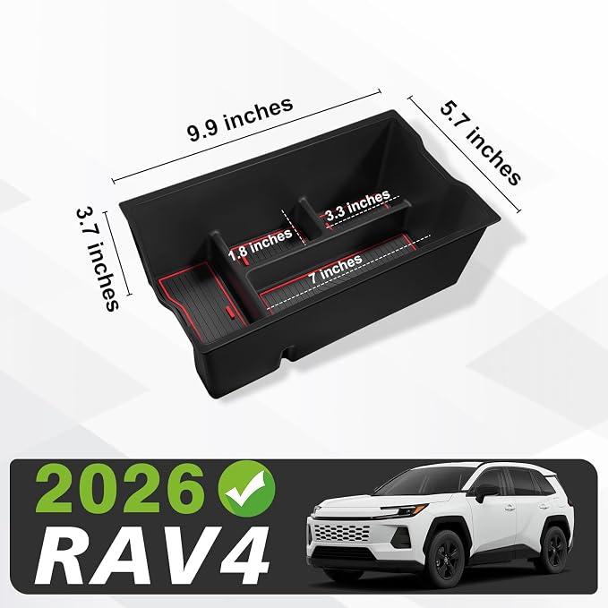 Muslogy Center Console Organizer Compatible with 2026 Toyota RAV4 Accessories Middle Console Divider Storage Box Armrest Insert Tray with Anti-Slip Mats (Red)