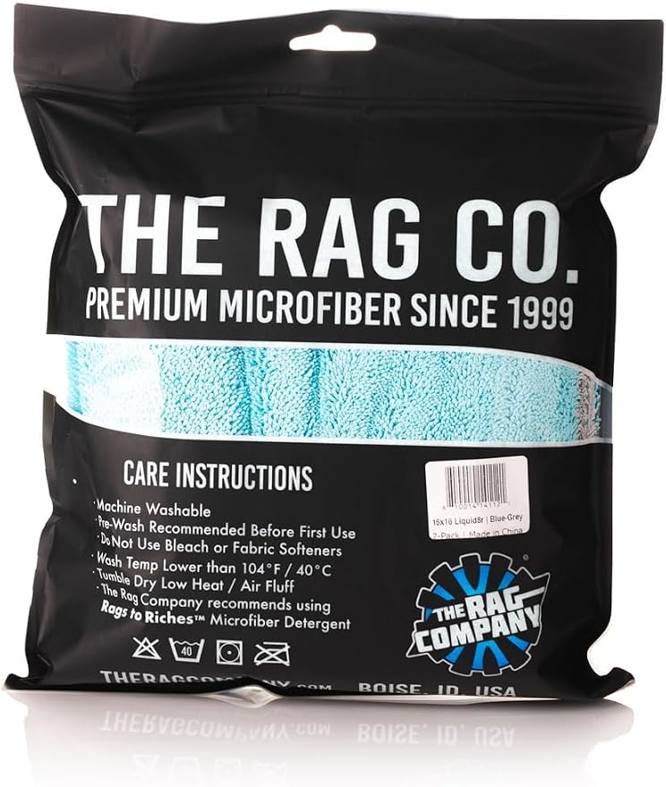 The Rag Company, The Liquid8r, Absorbent 70/30 Blend Microfiber Drying Towel for Cars, Trucks, and SUVs, Safe for Detailing, Scratch-Free, Twist Loop, 1100 GSM, 16x16 Inches, Aqua Blue/Grey, 2-Pack