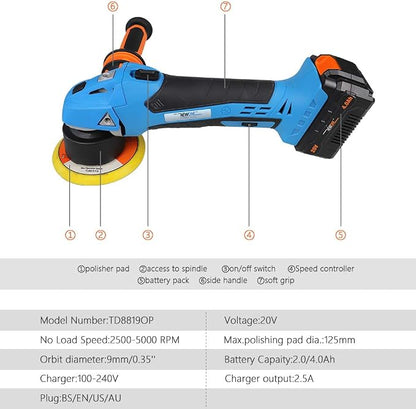 NEWONE 20V Cordless Round Orbital Polisher, Dual Action Buffer, 5-Inch, 6 Variable Speeds, Anti-vibration Handle, Car Sanding Polishing Waxing, 4.0Ah Battery and Fast Charger