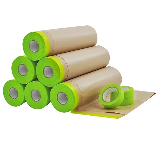 6 Rolls Pre-Taped Masking Paper for Painting and 3 Rolls Masking Tape Set -18 inch x 50 feet Tape and Drape for Painting, Painters Paper for Automotive Paint Masking, Floor Protection,Wall Covering