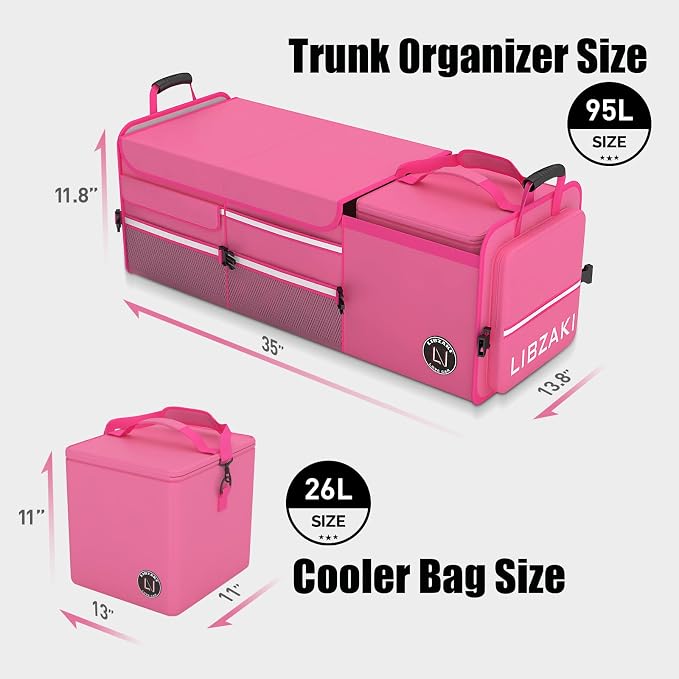 LIBZAKI Oversize 4 in 1 Car Trunk Storage Organizer, Multi Compartment Collapsible Trunk Storage Box with Cooler Bag for Car Truck SUV-Rose red