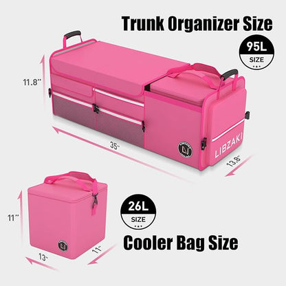 LIBZAKI Oversize 4 in 1 Car Trunk Storage Organizer, Multi Compartment Collapsible Trunk Storage Box with Cooler Bag for Car Truck SUV-Rose red