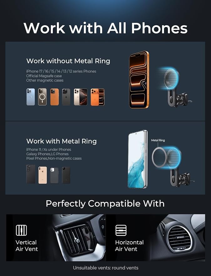LISEN Upgraded for MagSafe Car Mount, Magnetic Phone Holder for Car Vent Phone Mount, Air Vent Car Phone Holder Mount, Magnetic Car Phone Holder for iPhone 17 Pro Max 16/15/14/13/12, Carbon Fiber