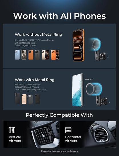 LISEN Upgraded for MagSafe Car Mount, Magnetic Phone Holder for Car Vent Phone Mount, Air Vent Car Phone Holder Mount, Magnetic Car Phone Holder for iPhone 17 Pro Max 16/15/14/13/12, Carbon Fiber