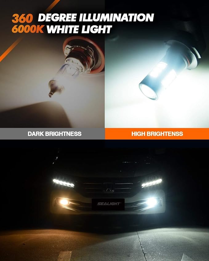 SEALIGHT H8/H9/H11 9005/HB3 Light Bulb Combo and H11/H8 Fog Light Bulbs, 100,000LM Ultra-Bright 6500K 9005 H11 Bulbs with Cooling Fan, 360° Illumination True Plug N Play, Non-polarity, Pack of 6