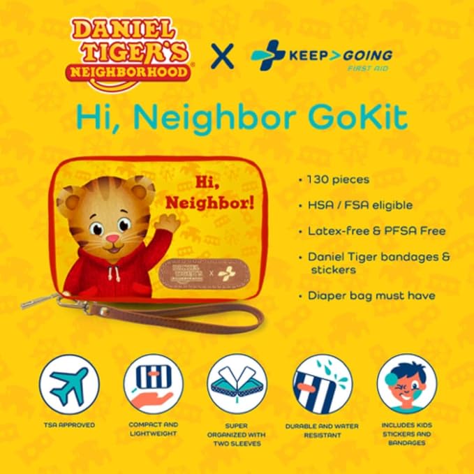KeepGoing Daniel Tiger’s Travel First Aid Kit for Kids – 130 Pc. for Car, Home, Purse, Diaper Bag & Backpack with Latex-Free Bandages - Mini First Aid Kit Travel Size TSA-Approved