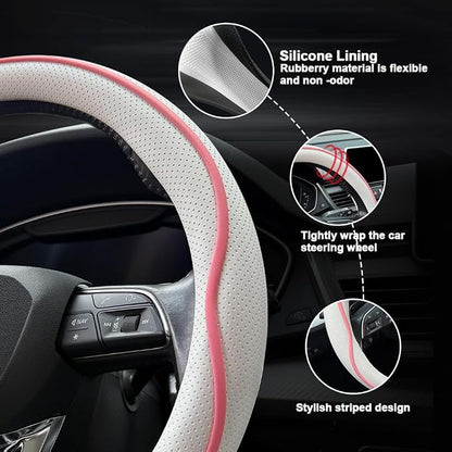 HAOTULE Leather Steering Wheel Cover， with Anti-Slip Stripe Design - Enhanced Grip, Fashion Style, Safe, Non-Slip, Breathable. Upgrade car Interior，White Pink