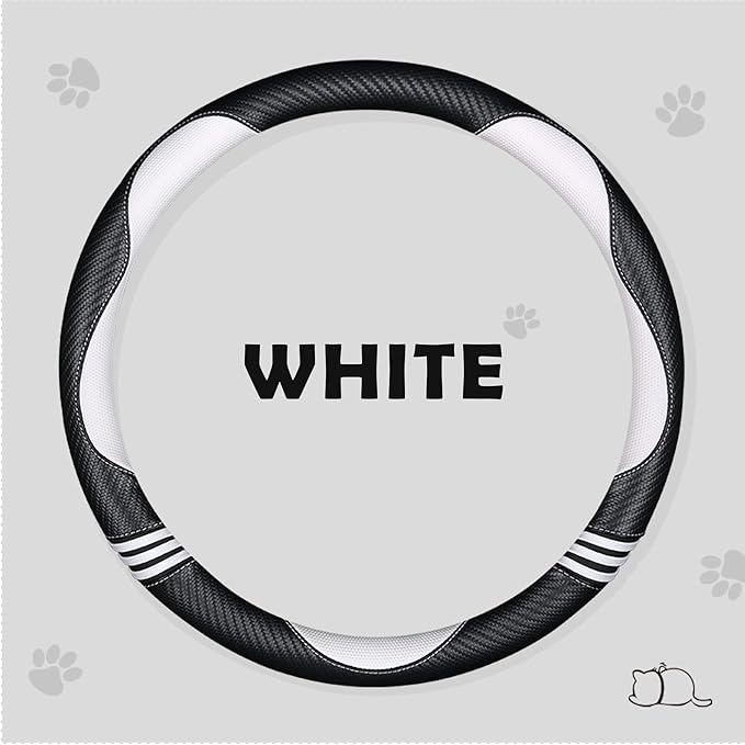 HighnessHwoo Car Steering Wheel Covers for Women Girl Padded Carbon Fiber PU Leather Cute Cartoon Auto Interior Accessories for Jeep, Truck, Universal, Anti Slip, White, Large Size, 15.2-16in