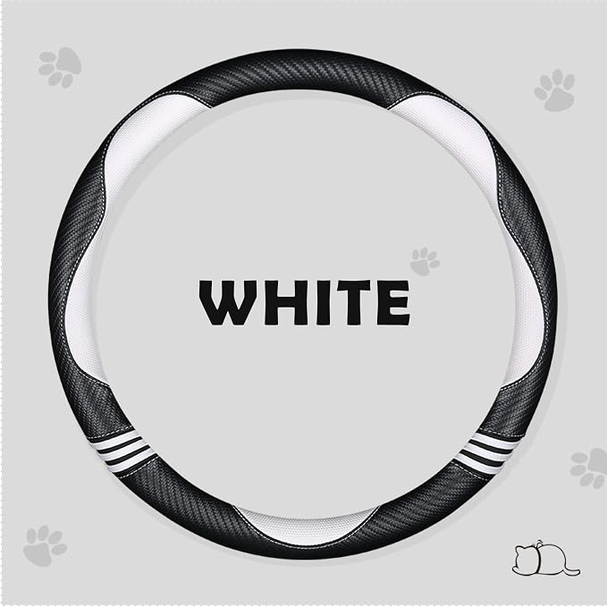 HighnessHwoo Car Steering Wheel Covers for Women Padded Carbon Fiber PU Leather Cute Auto Interior Accessories for Vehicle, Sedan, Universal, Anti Slip, White, Standard Size, 14.75-15.15in