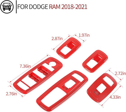 Window Lift Switch Cover Interior Button Trim Kit Compatible with 2018-2025 Dodge RAM (Red)