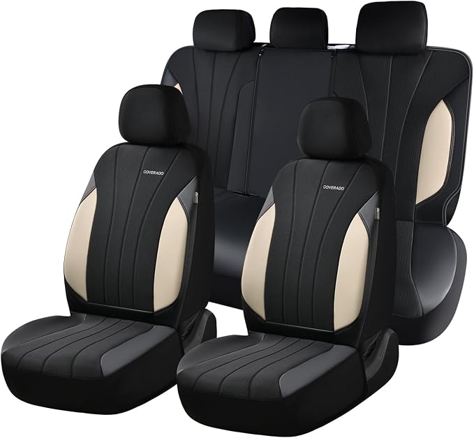 Coverado Car Seat Covers Full Set, Waterproof Automotive Seat Protectors 5 Seats,Beige Driver Protectors Universal Fit for SUVs, Trucks, Sedans,Car Accessories