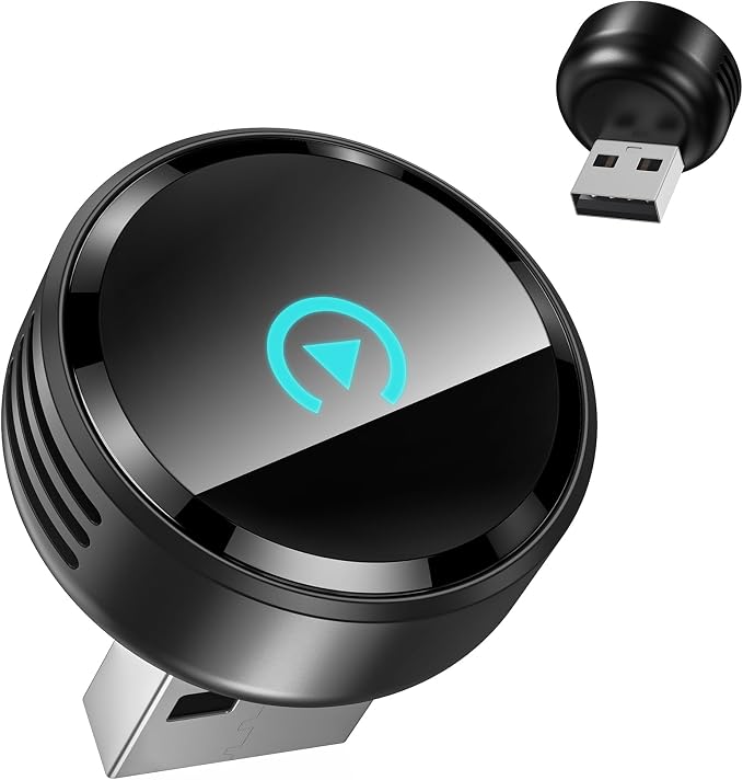 Ultra Mini Circular 2-in-1 Wireless CarPlay & Android Auto Adapter, 3-5s Fast Auto Reconnect, Aluminum Alloy Vent Design, USB-C/USB-A Ports (Pure Black)