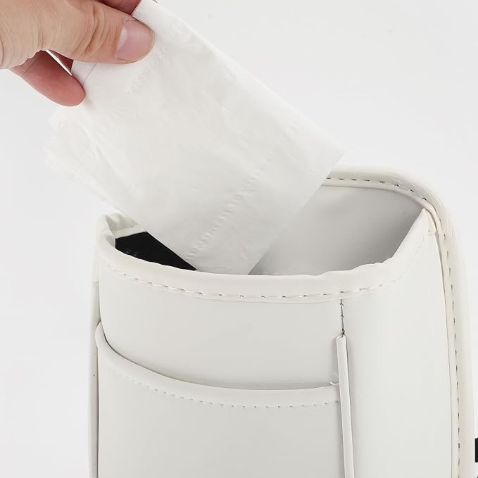 Car Trash Can Portable and Hanging 5.9" Length 3.9" Width 7.1" Height Trash Bin Faux Leather White 1Pcs