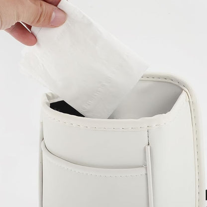 Car Trash Can Portable and Hanging 5.9" Length 3.9" Width 7.1" Height Trash Bin Faux Leather White 1Pcs