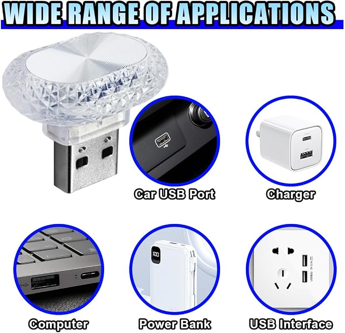 2PCS USB LED Car Interior Night Light, Crystal Mini Decoration Neno Ambient Light Car Interior Atmosphere Lamp, Plug-in USB Interface Auto Trunk Ambient Lighting Kit Universal for Cars (Blue)