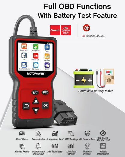 MOTOPOWER MP69033 Pro OBD2 Scanner Code Reader Check Engine Fault Light Diagnostic Scan Tool with Battery Tester