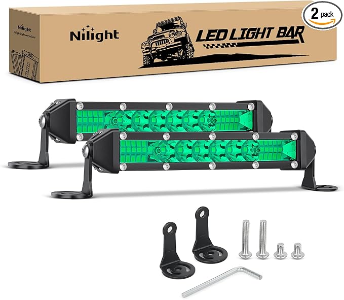 Nilight Slim LED Light Bar 2Pcs 7 Inch 16LED Single Row Spot Flood Combo Green Off Road Driving Fog Fishing Hunting Lighting for 12V 24V ATV UTV Pickup Truck Tractor Boat