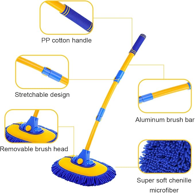 Car Wash Brush Kit, 40" Auto Wash Mop with 15° Curved Extendable Long Handle, Soft Scratch-Free Car Cleaning Mop Mitt to Clean Your Car Shine Like New, Car Accessories (Blue+Blue)