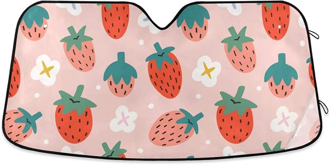 Qilmy Car Windshield Sun Shade Cute Summer Strawberry Cars Visor Front Windshield Sun Protector to Keep Cooler Vehicle Automotive Sunshade Interior Heat and UV Protection 55"x27.6"