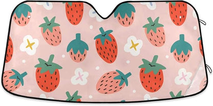 Qilmy Car Windshield Sun Shade Cute Summer Strawberry Cars Visor Front Windshield Sun Protector to Keep Cooler Vehicle Automotive Sunshade Interior Heat and UV Protection 55"x27.6"