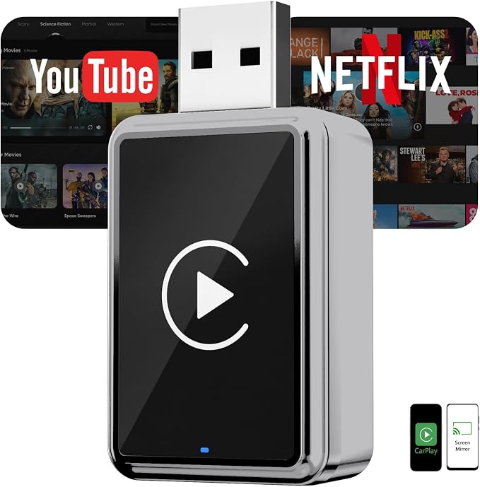 Wireless CarPlay Adapter with Screen Mirroring for Any Apps (YouTube/N-etflix/TikTok) from Phone to in-Vehicle Infotainment Display Screen,Convert Factory Wired CarPlay to Wireless