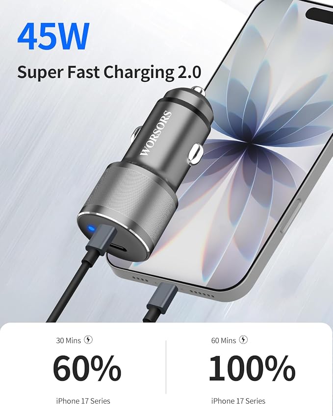 Dual 45W USB C Car Charger, 90W Max Super Fast Charging, All Metal 12V Cigarette Lighter Adapter for iPhone 17 Pro Max/16/15/iPad, Samsung Galaxy S26+/S25, Google Phones with 2 Type C Cable 3.3ft Gray
