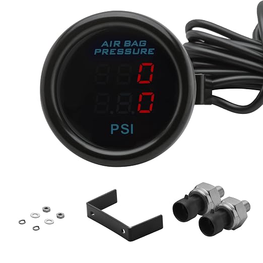 Dual Display Air Suspension Gauge Air Ride Air Pressure Gauge 2Inch 0-220PSI with 2Pcs 1/8NPT Sensors and 16.5ft Sensor Cable LCD Red