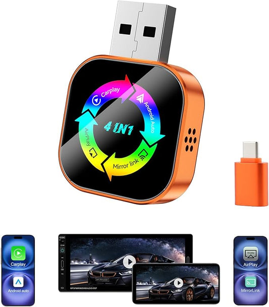 Wireless CarPlay Adapter 4-in-1,2026 Upgraded Screen Mirroring,Support Mirror Link/AirPlay for Apple CarPlay & Android Auto,for Cars with Wired CarPlay, Fast Auto-Connection, Plug & Play-Orange